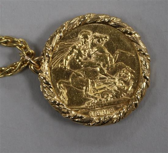 An 1893 gold sovereign in 9ct gold mount on 9ct gold chain, gross weight 21.8gr